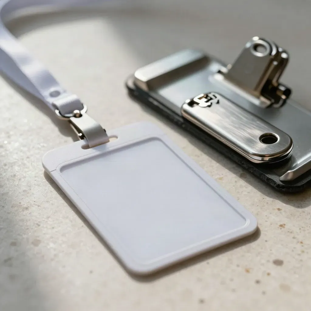 Macro of a hospital access badge, frosted sleeve, metal key fob and sterile tray on pale stone.