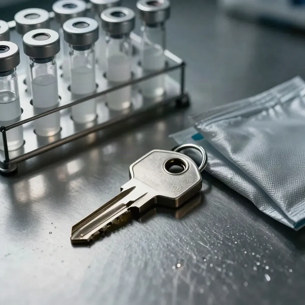 Lab security tools arranged on brushed metal with dramatic light and haze