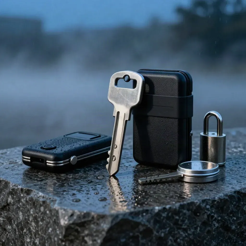 Security key, token case, reader puck and lock cylinder on wet stone in blue-hour mist