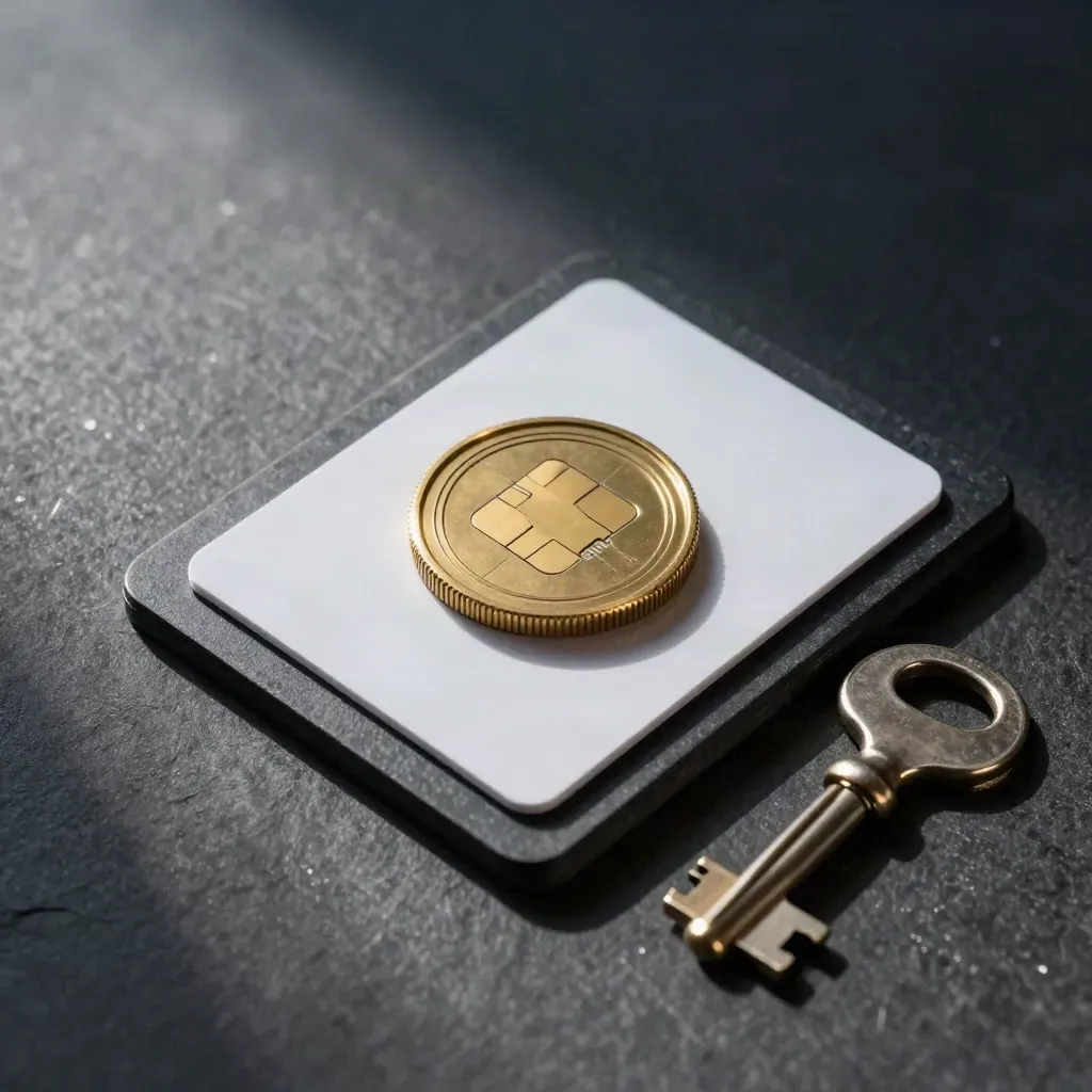 Brass token, blank chip card, vault key and slate tray in a tense payment-security flat lay.