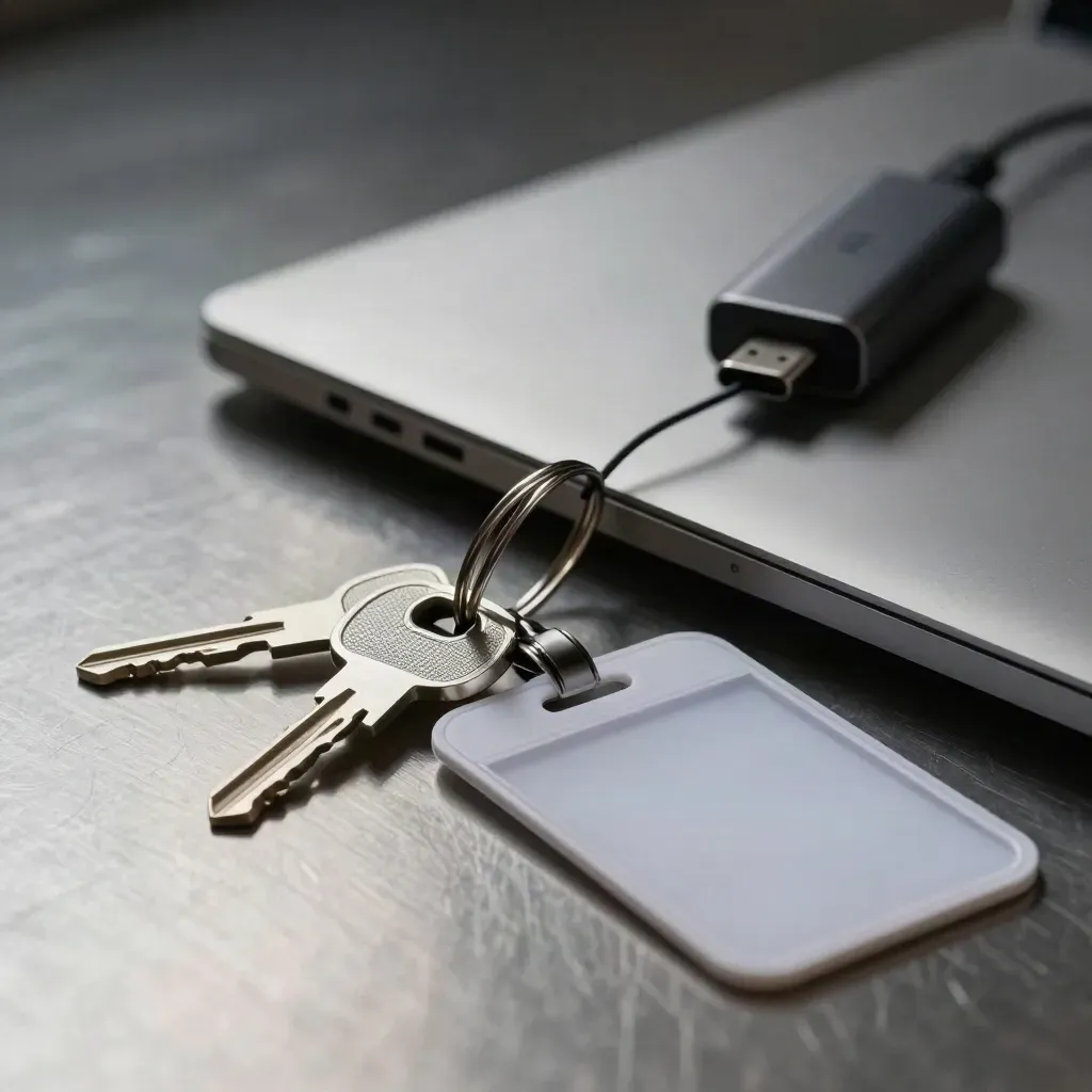 Hardware security keys, laptop edge, dock adapter, and badge sleeve on brushed steel.