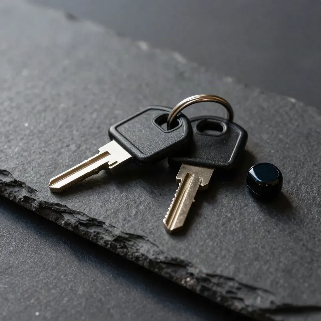 Matte black security keys and a blank backup token capsule on charcoal stone, lit in a tight macro.