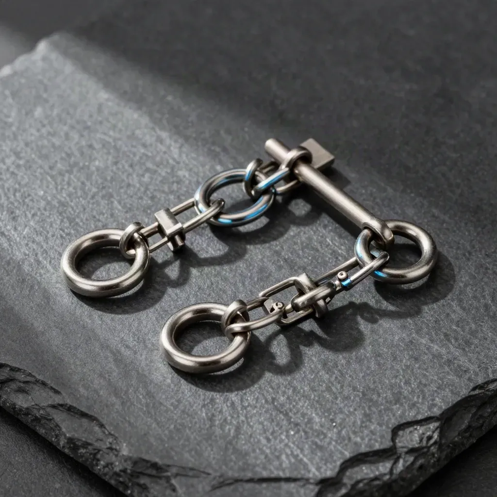 Three metal connector rings and a bridge pin on graphite stone with a blue highlight.
