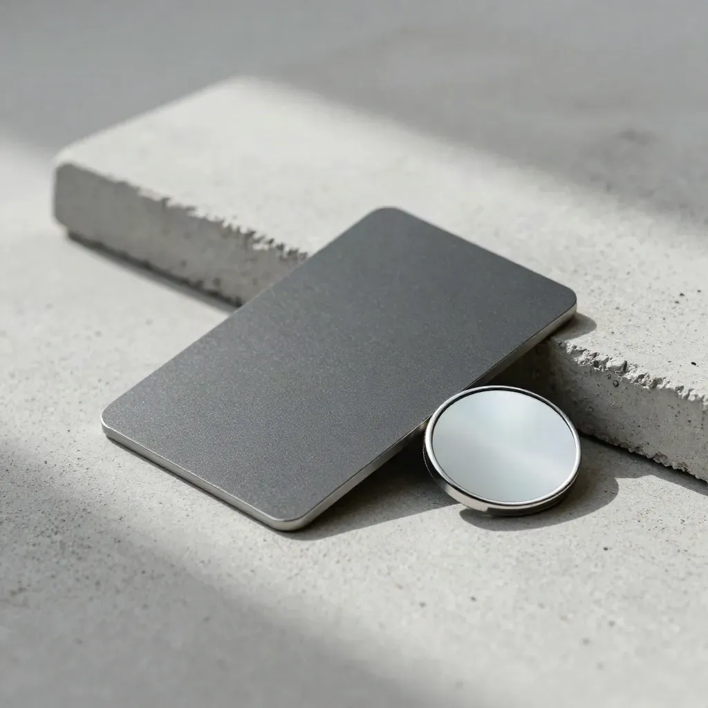 NFC security key, blank proximity card, and chrome tap disk on pale concrete in soft daylight.