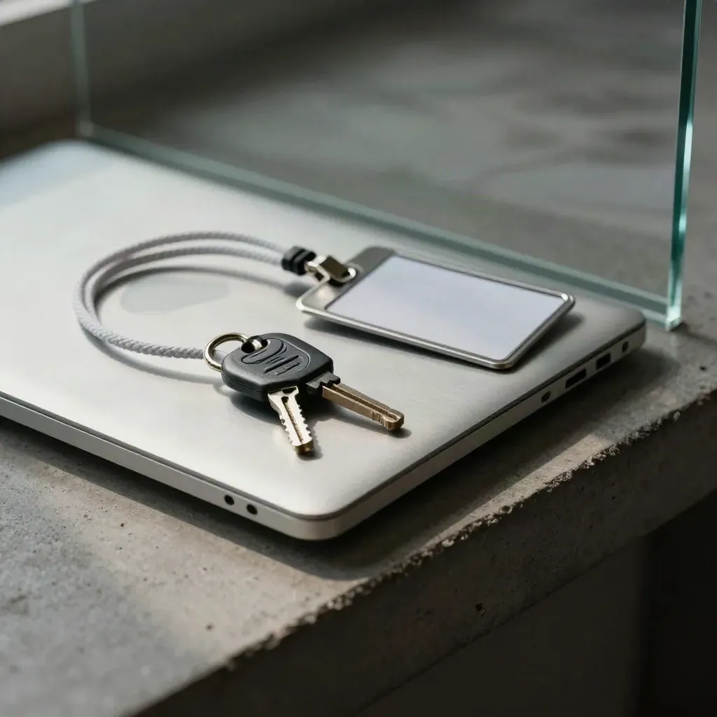Closed laptop with security keys, braided cable and badge clip behind frosted glass.