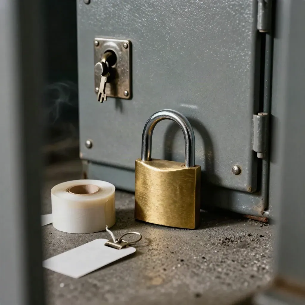 Brass padlock, seal roll, evidence tag, and key cabinet on dark concrete