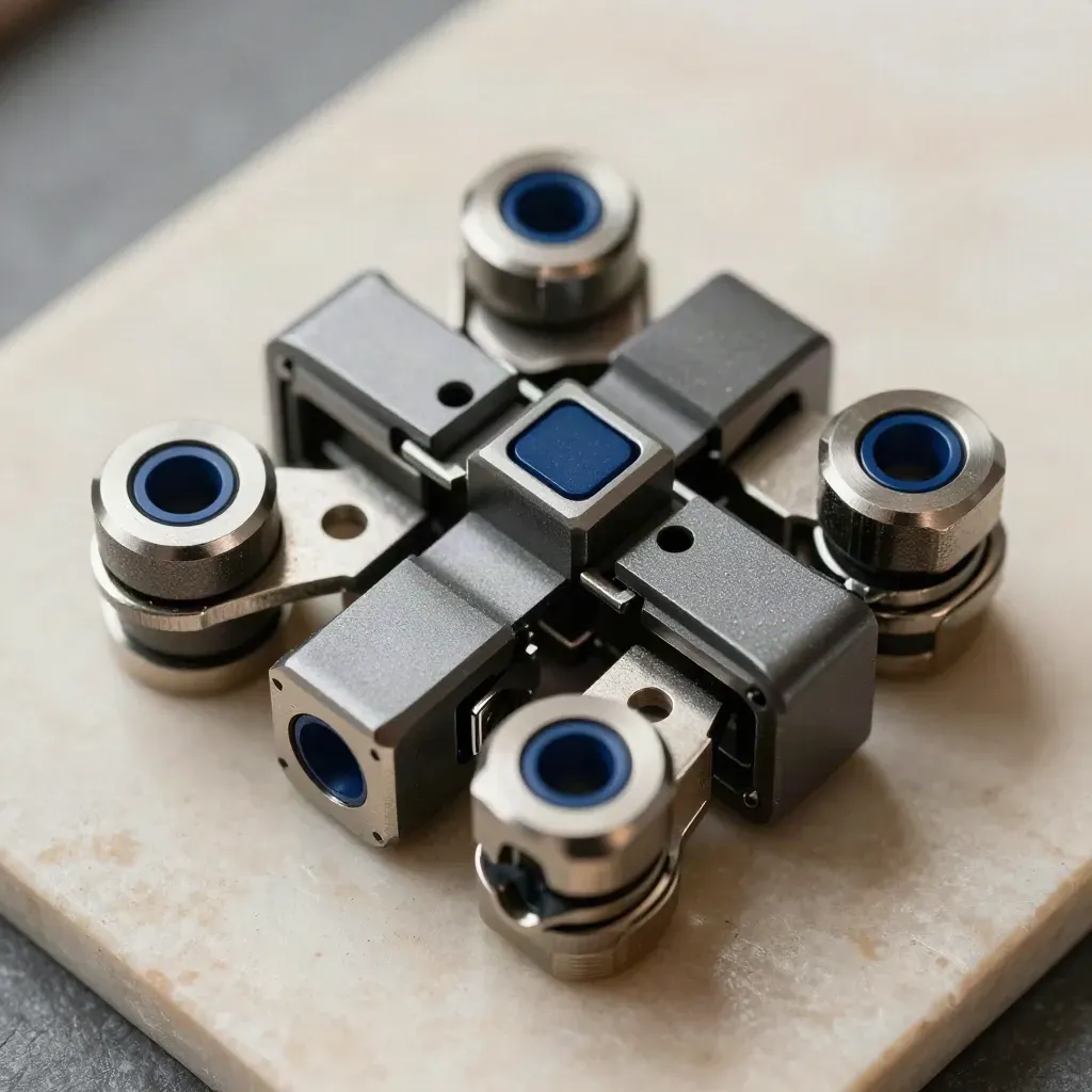 Macro of machined links and connector blocks snapping together on stone.