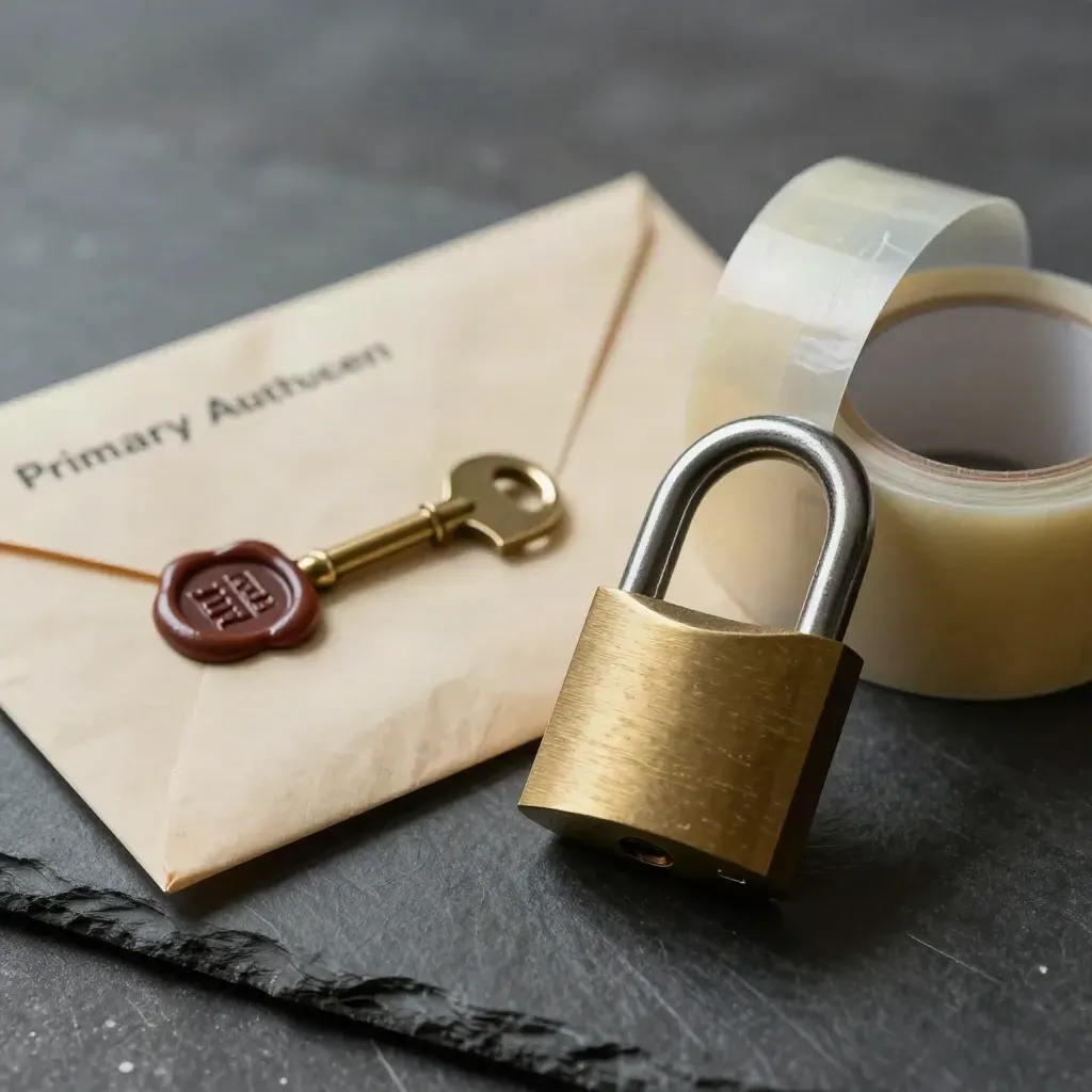 Padlock, key, evidence envelope and tamper tape on slate stone in moody light.