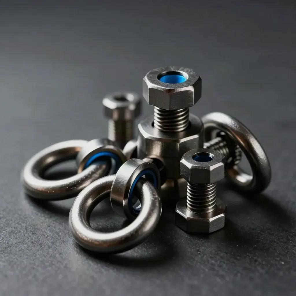 Linked steel rings and precision hardware on brushed metal under dramatic side light