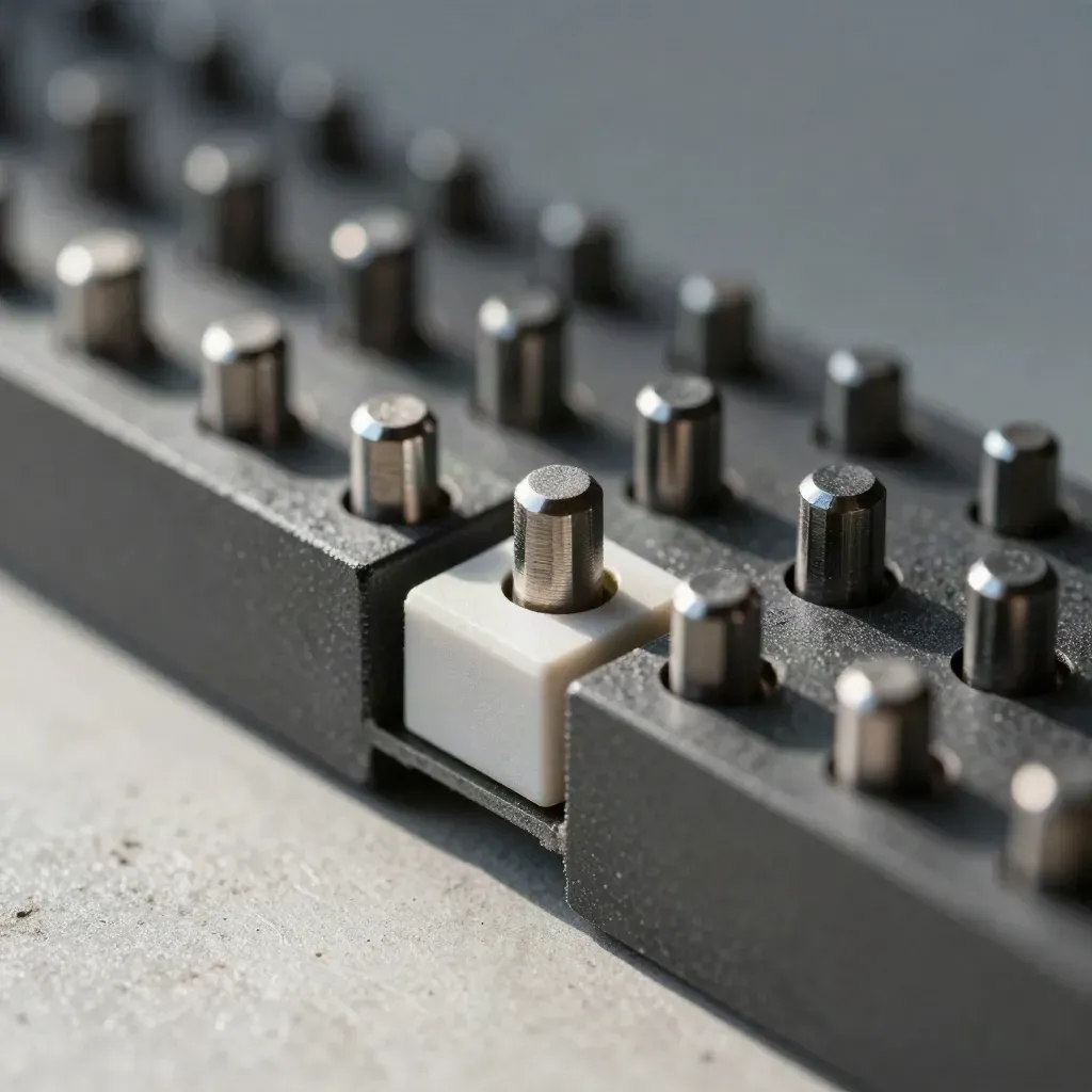 Macro of graphite blocks and a bridge connector on pale concrete with soft directional light.