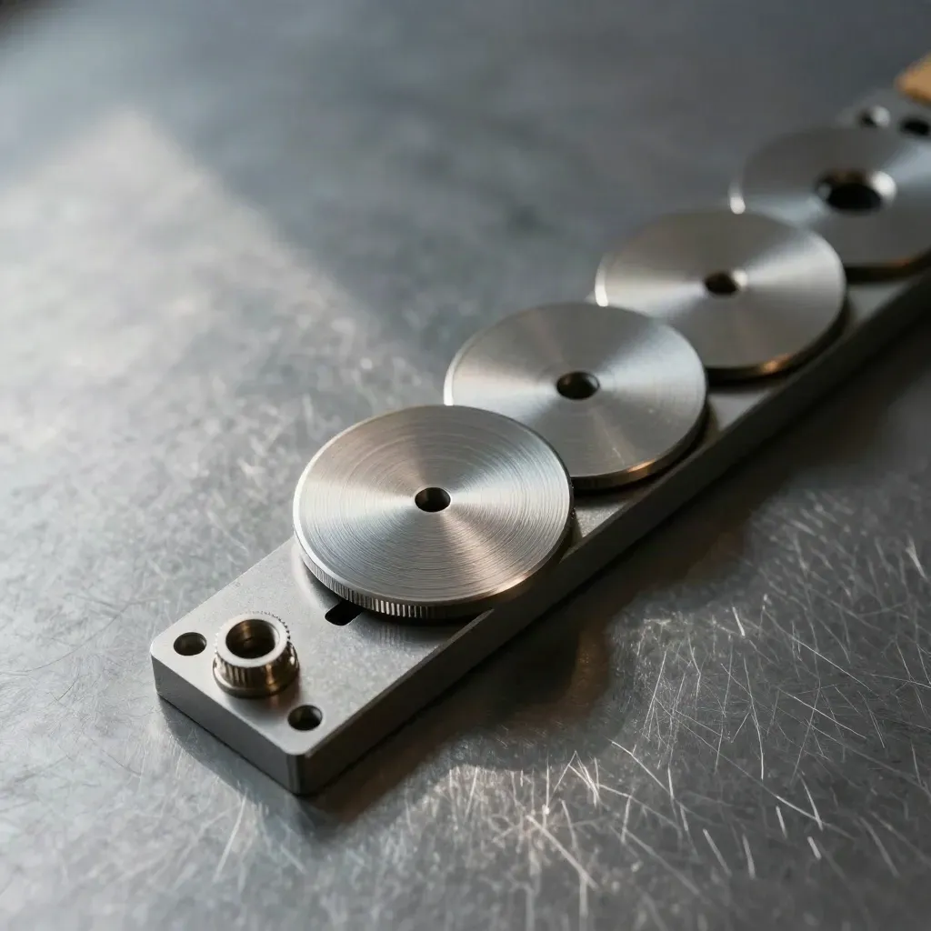 Brushed metal discs and couplers arranged on a steel surface in diagonal flat lay.